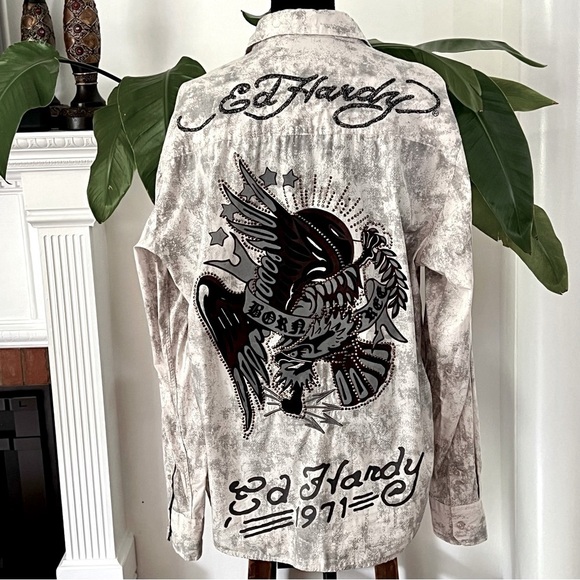 Y2K Ed Hardy Graphics Long Sleeve Button Down - Picture 1 of 15